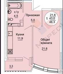 1-комнатная, 42.9 м2