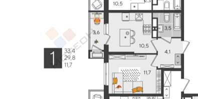 1-комнатная, 33.4 м2