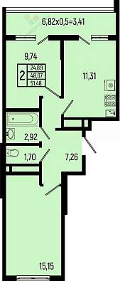 2-комнатная, 51.49 м2