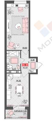 1-комнатная, 45.6 м2