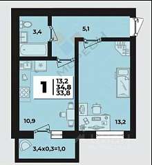 1-комнатная, 33.4 м2