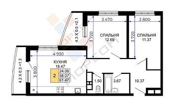 2-комнатная, 61 м2