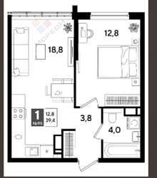 1-комнатная, 39.4 м2