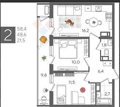 2-комнатная, 58.4 м2