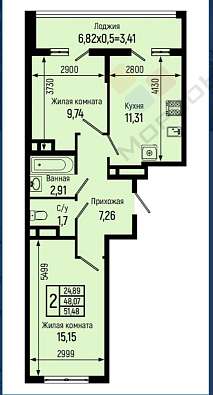 2-комнатная, 51.5 м2