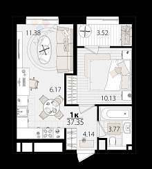 1-комнатная, 37.07 м2